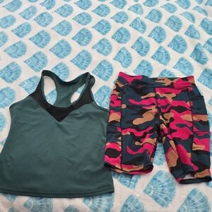 Green Tank Top and Camouflage Shorts Set (Size: MEDIUM)